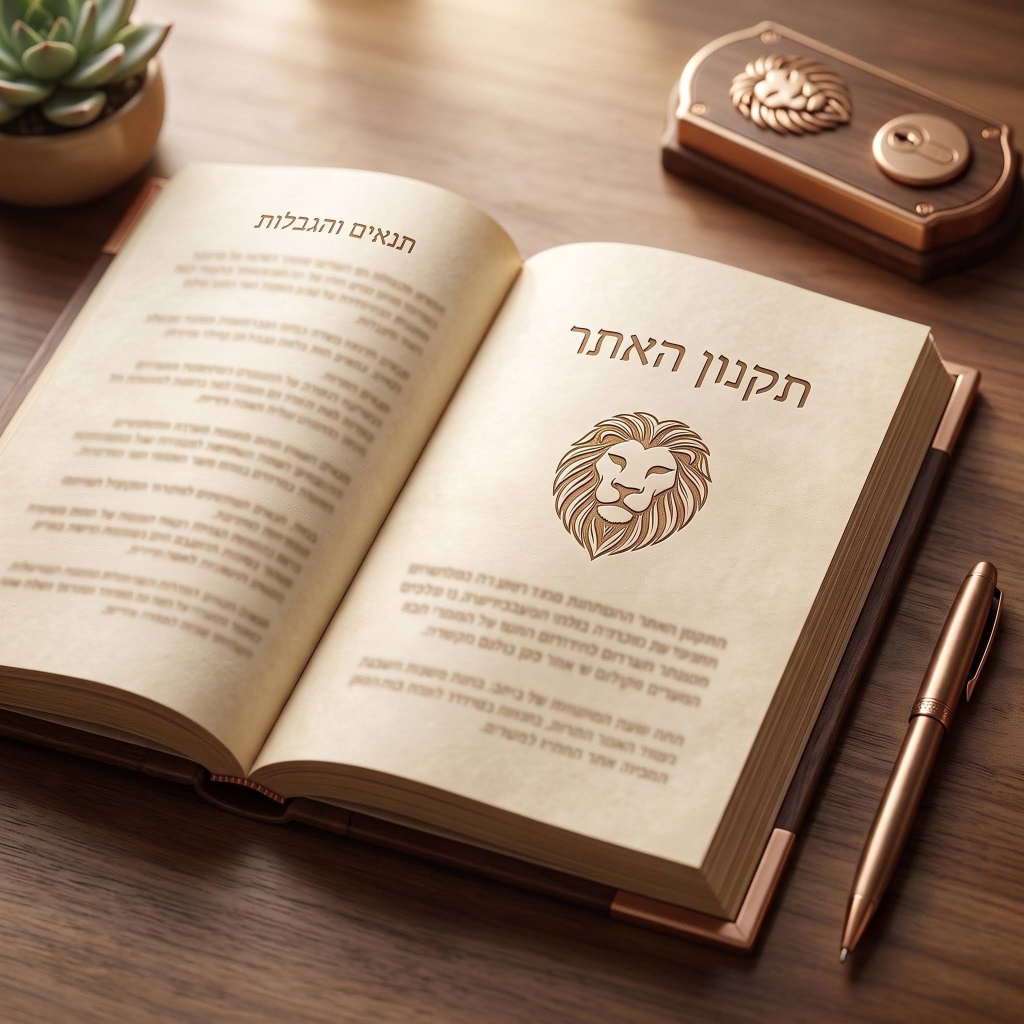 ספר פתוח על שולחן עץ עם הכותרת "תקנון האתר" וסמל ראש אריה, לצידו עט
